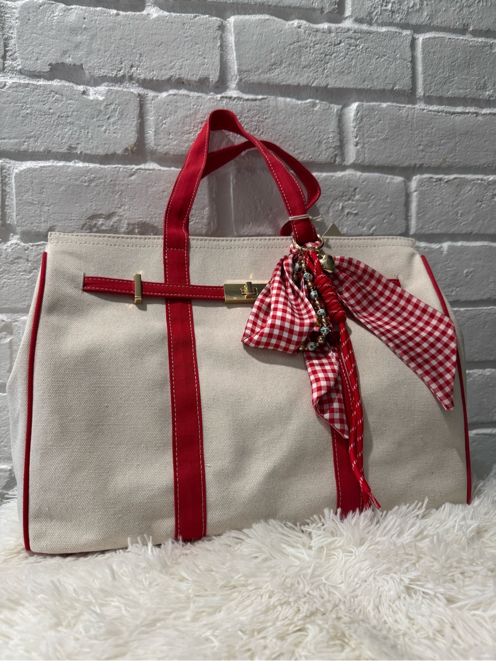 Canvas Tote Bag with Red Trim and Charms